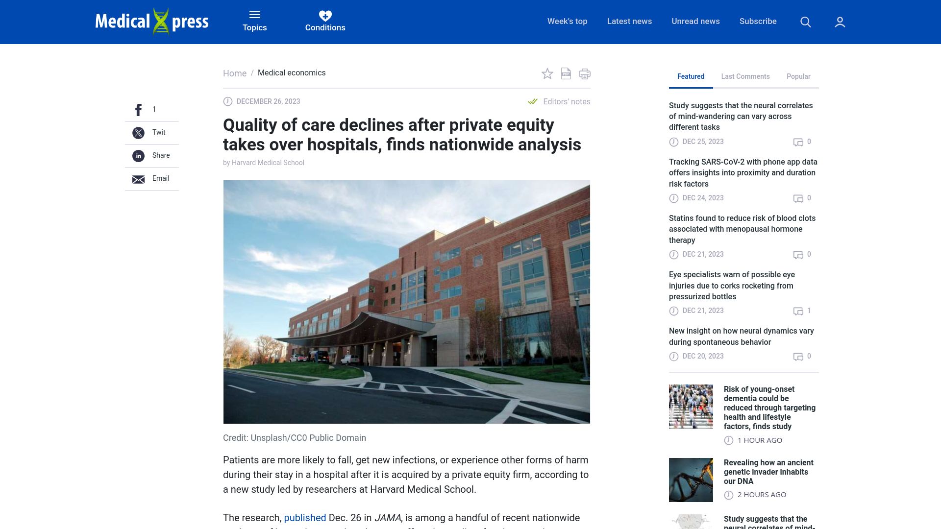 Screenshot of medicalxpress.com: Quality of care declines after private equity takes over hospitals