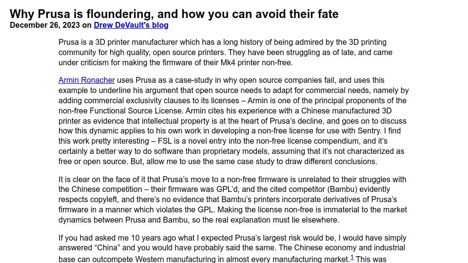 Screenshot of drewdevault.com: Why Prusa is floundering, and how you can avoid their fate