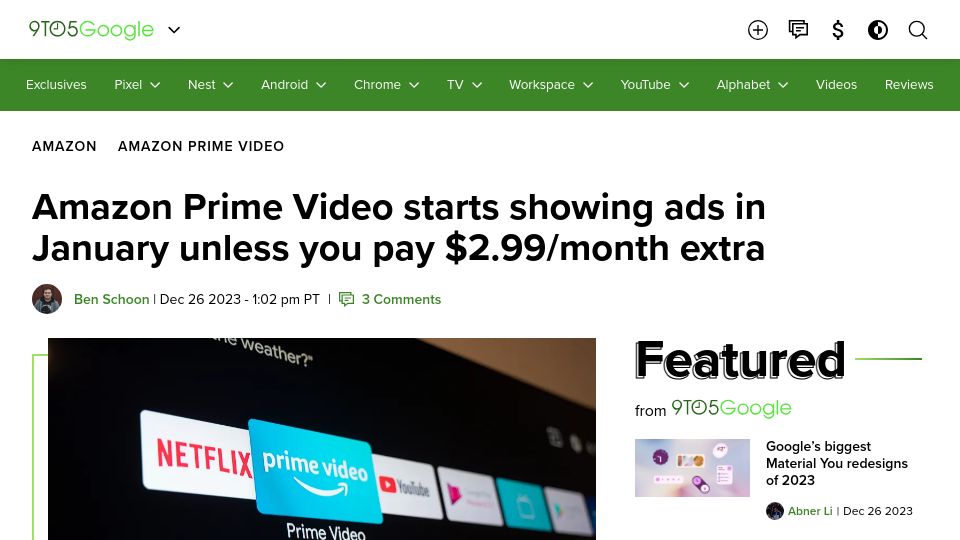 Screenshot of 9to5google.com: Amazon Prime Video starts showing ads in January unless you pay $2.99/month xtra