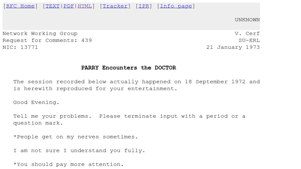 Screenshot of rfc-editor.org: Parry Encounters the Doctor (1973)