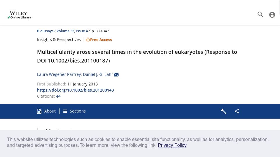 Screenshot of onlinelibrary.wiley.com: Multicellularity arose several times in the evolution of eukaryotes (2013)