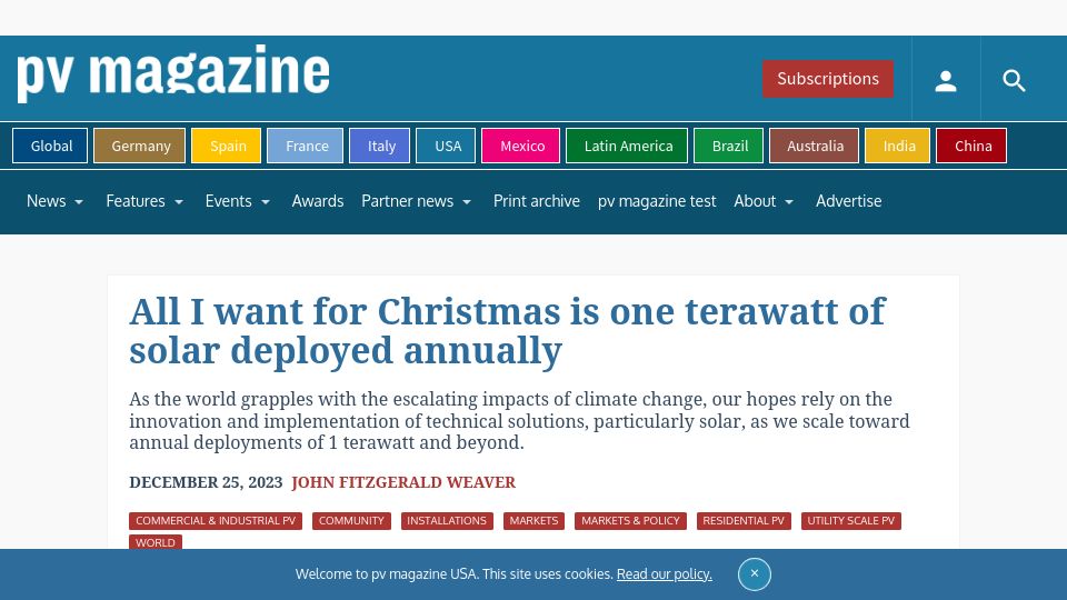 Screenshot of pv-magazine-usa.com: All I want for Christmas is 1TW of solar deployed annually