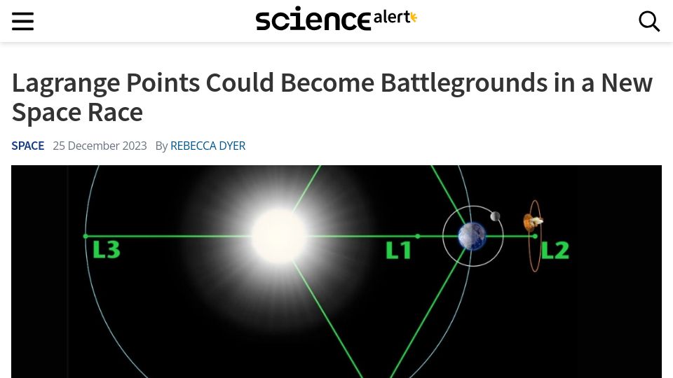 Screenshot of sciencealert.com: Lagrange points could become battlegrounds in a new space race