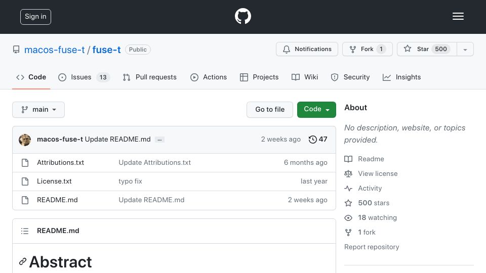Screenshot of github.com: FUSE-T is a kext-less implementation of FUSE for macOS that uses NFSv4