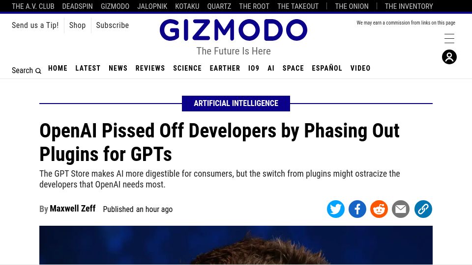 Screenshot of gizmodo.com: OpenAI Pissed Off Developers by Phasing Out Plugins for GPTs
