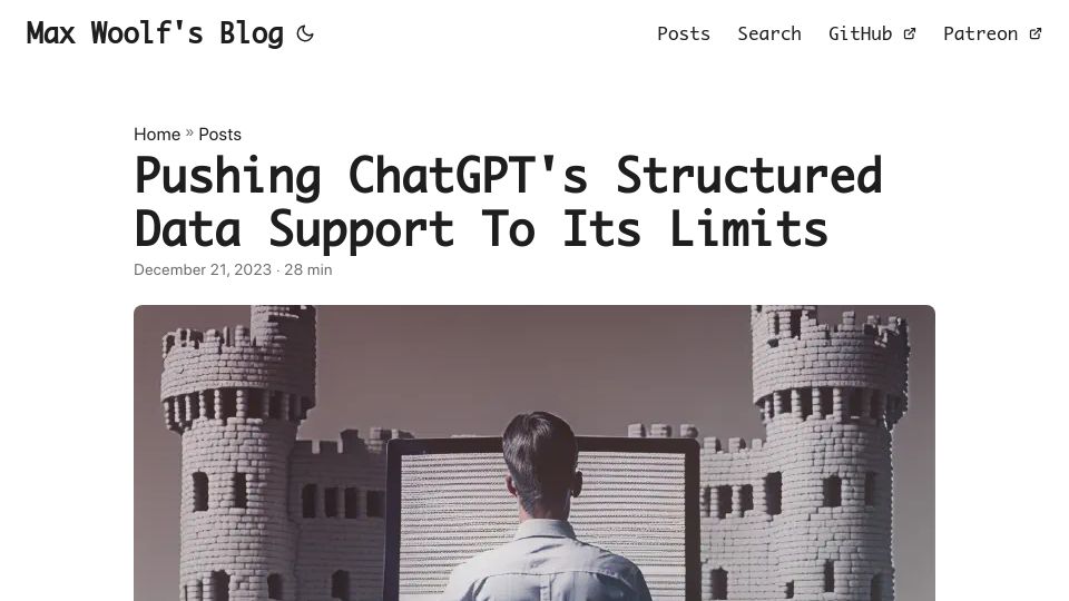 Screenshot of minimaxir.com: Pushing ChatGPT's Structured Data Support to Its Limits