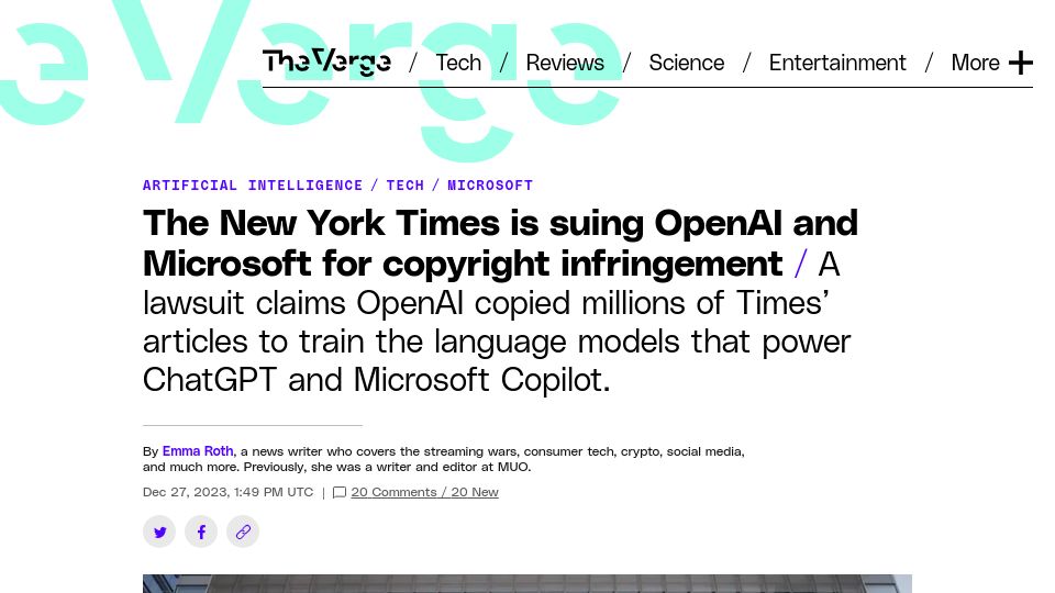 Screenshot of theverge.com: The New York Times is suing OpenAI and Microsoft for copyright infringement