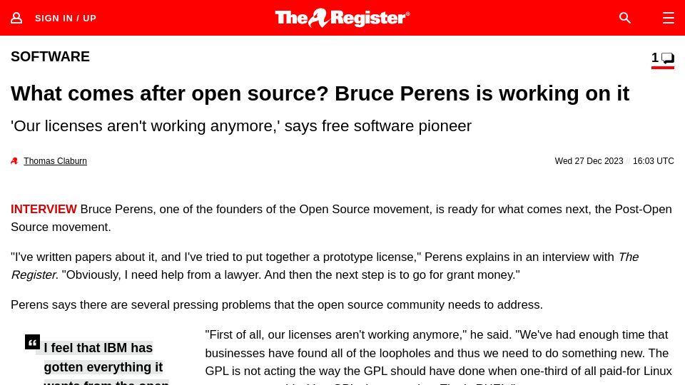 Screenshot of theregister.com: What comes after open source? Bruce Perens is working on it