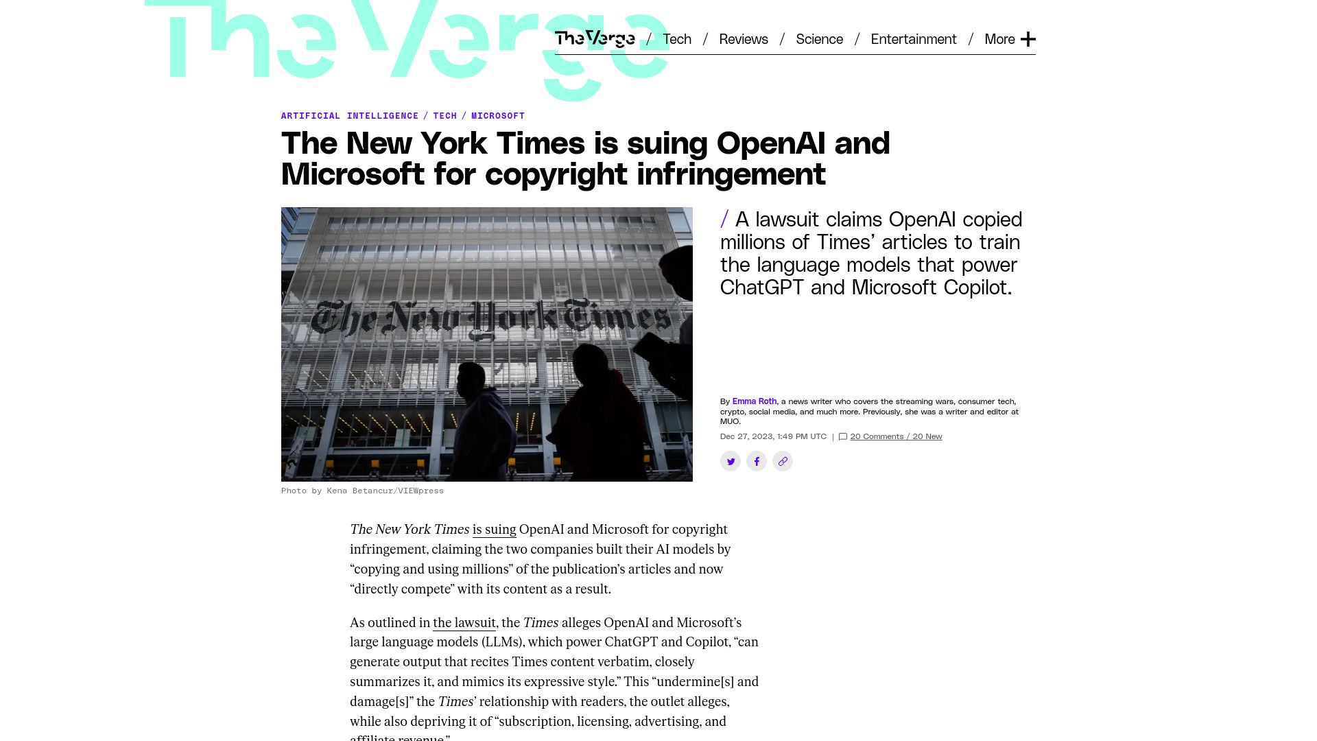 Screenshot of theverge.com: The New York Times is suing OpenAI and Microsoft for copyright infringement