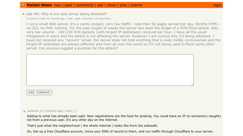 Screenshot of Hacker News post: Ask HN: Why is my web server being attacked?