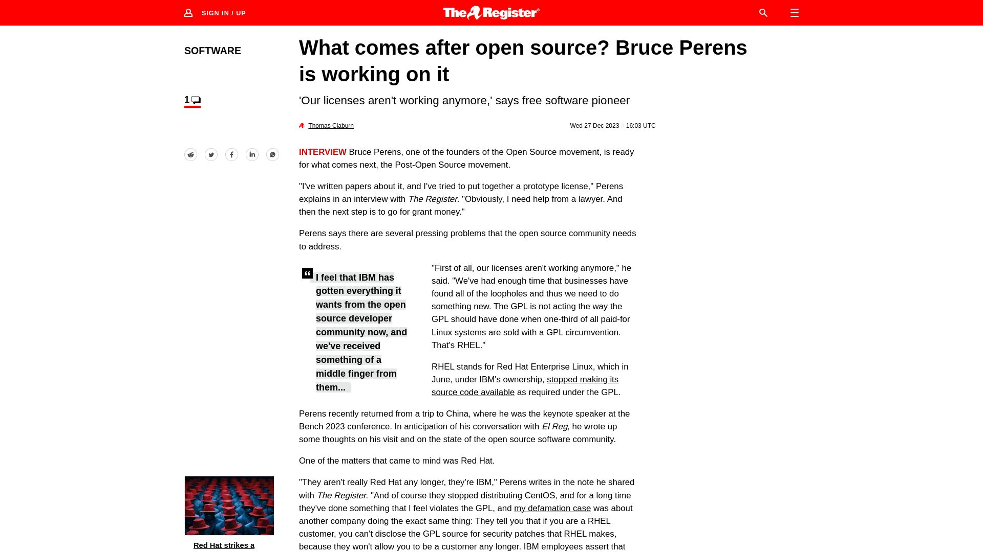 Screenshot of theregister.com: What comes after open source? Bruce Perens is working on it