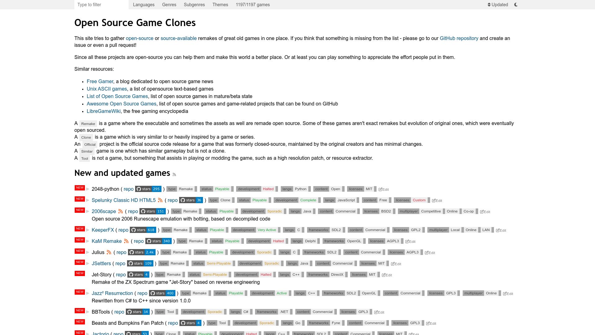 Screenshot of osgameclones.com: Open Source Game Clones