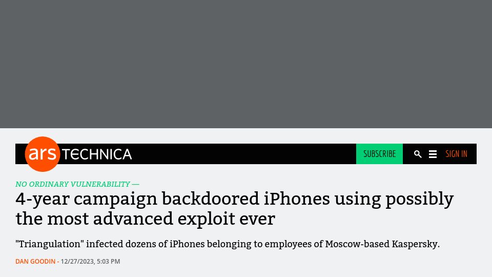 Screenshot of arstechnica.com: 4-year campaign backdoored iPhones using advanced exploit