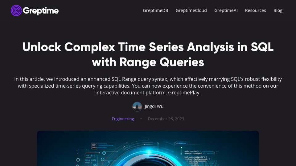 Screenshot of greptime.com: Unlock Complex Time Series Analysis in SQL with Range Queries