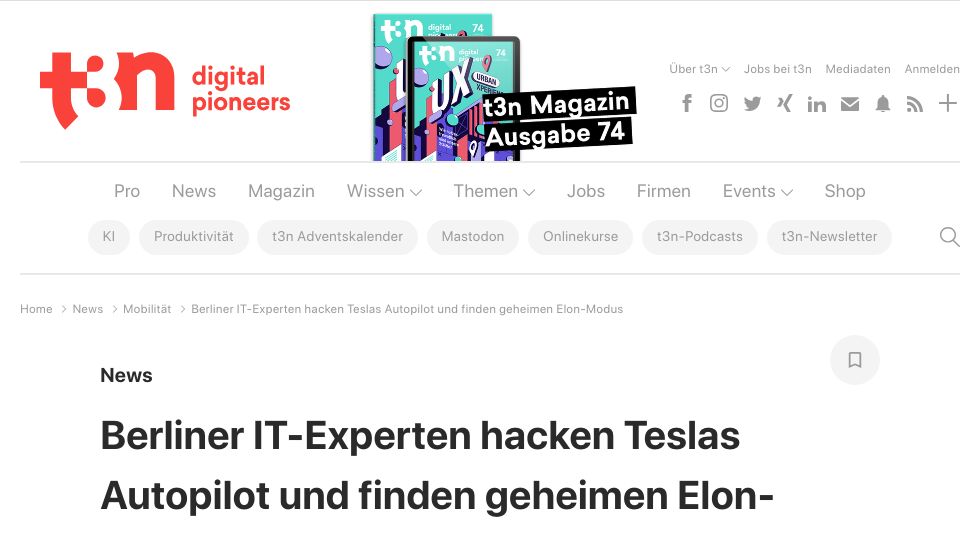 Screenshot of t3n.de: TU Berlin Scientists Hack Tesla Autopilot and Discover Secret Elon-Mode