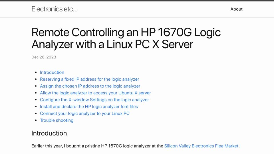 Screenshot of tomverbeure.github.io: Remote controlling an HP 1670G logic analyzer with a Linux PC X server