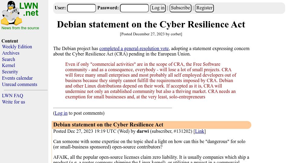 Screenshot of lwn.net: Debian Statement on the Cyber Resilience Act