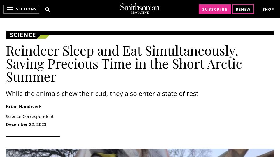 Screenshot of smithsonianmag.com: Reindeer sleep and eat simultaneously