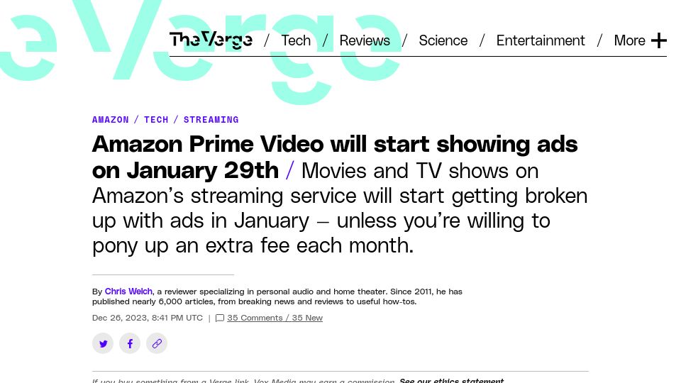 Screenshot of theverge.com: Amazon Prime Video Will Start Showing Ads on January 29