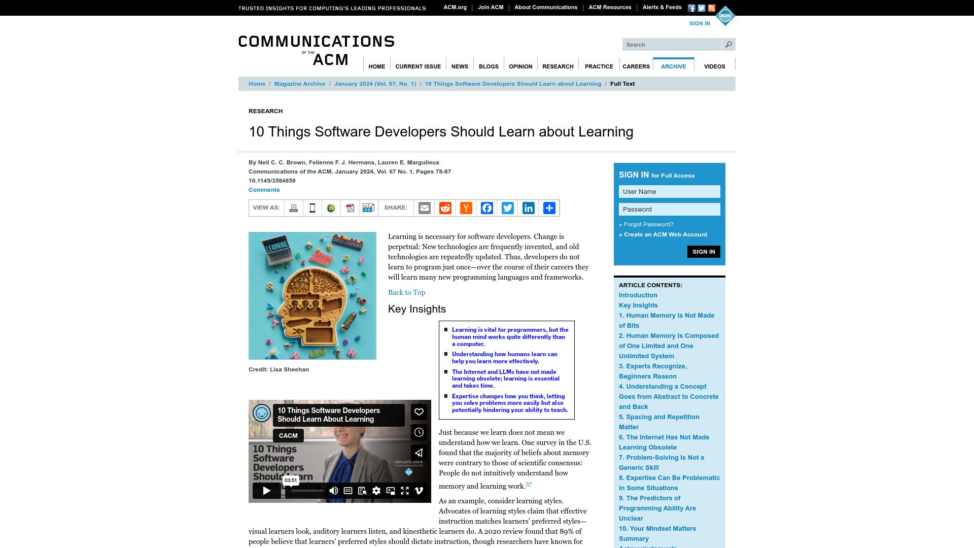 Screenshot of cacm.acm.org: Things software developers should learn about learning