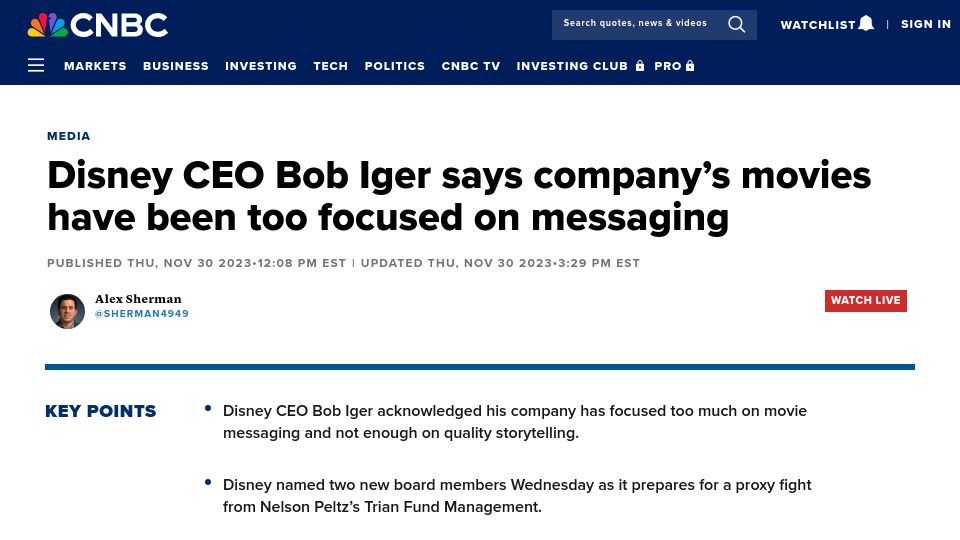Screenshot of cnbc.com: Disney CEO Bob Iger says company's movies have been too focused on messaging