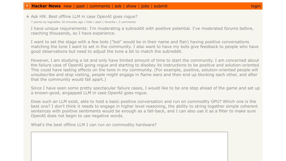 Screenshot of Hacker News post: Ask HN: Best offline LLM in case OpenAI goes rogue?