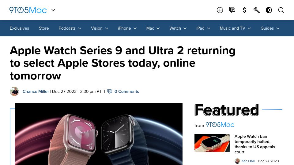 Screenshot of 9to5mac.com: Apple Watch Series 9 and Ultra 2 returning to select Apple Stores