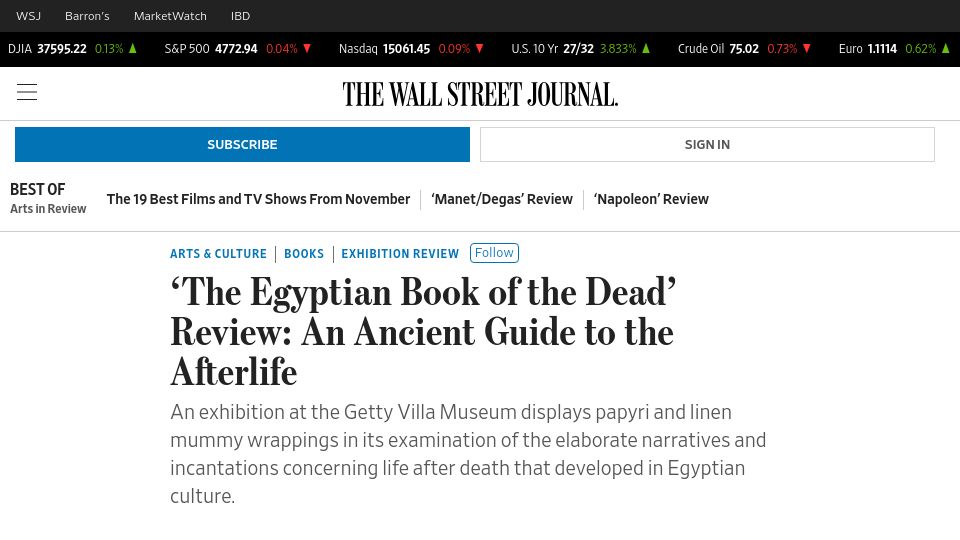 Screenshot of wsj.com: 'The Egyptian Book of the Dead' Review: An Ancient Guide to the Afterlife