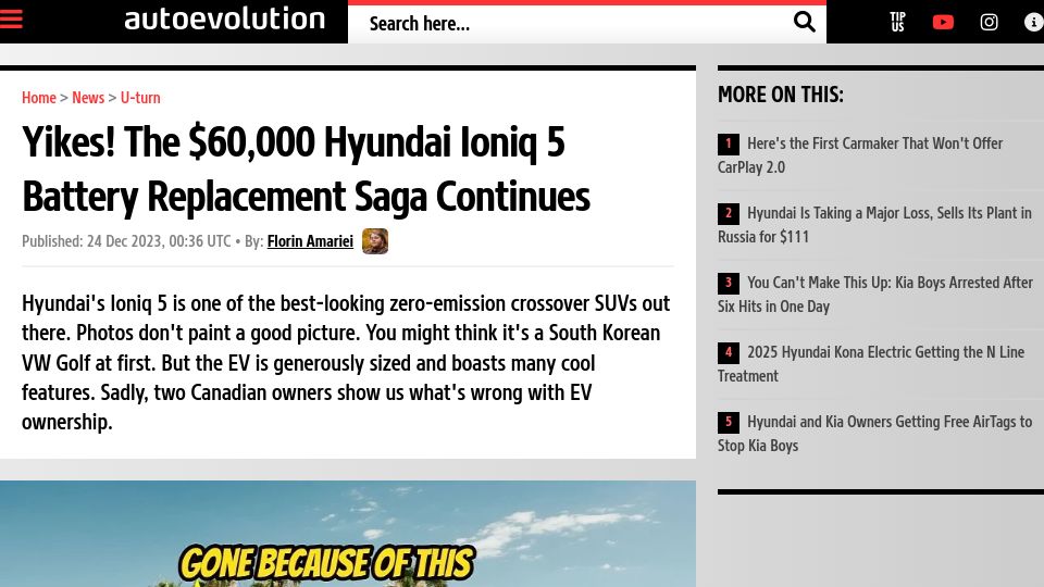 Screenshot of autoevolution.com: Hyundai Ioniq EV battery replacement costs $60k, more than new car
