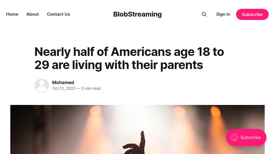 Screenshot of blobstreaming.org: Nearly half of Americans age 18 to 29 are living with their parents