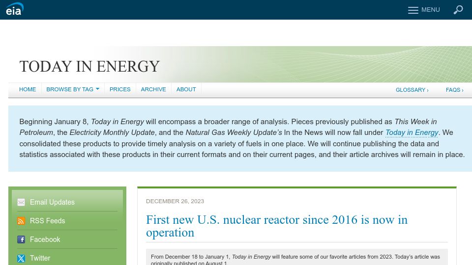 Screenshot of eia.gov: First new U.S. nuclear reactor since 2016 is now in operation