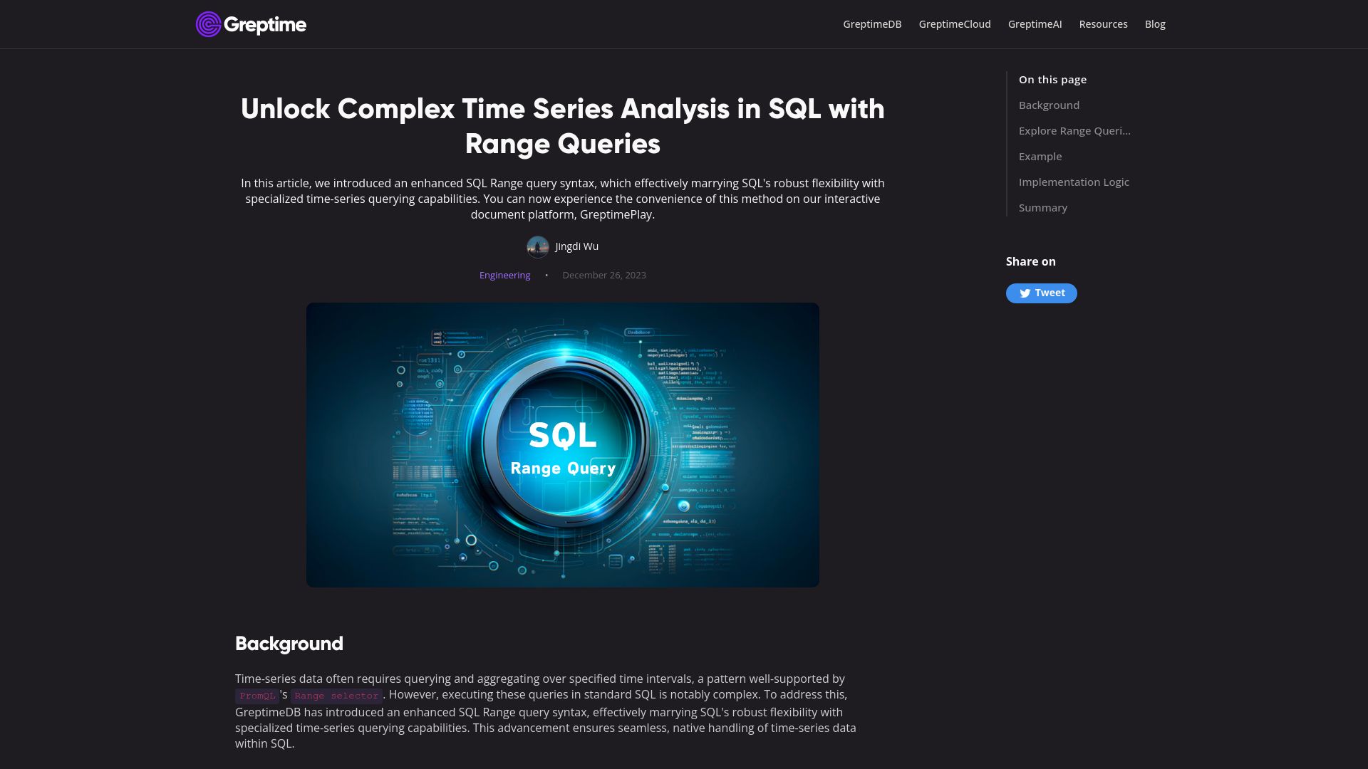 Screenshot of greptime.com: Unlock Complex Time Series Analysis in SQL with Range Queries