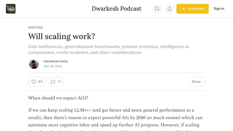 Screenshot of dwarkeshpatel.com: Will scaling work?
