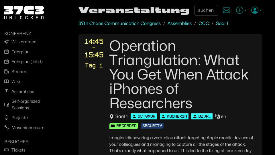 Screenshot of events.ccc.de: Operation Triangulation: What You Get When Attack iPhones of Researchers