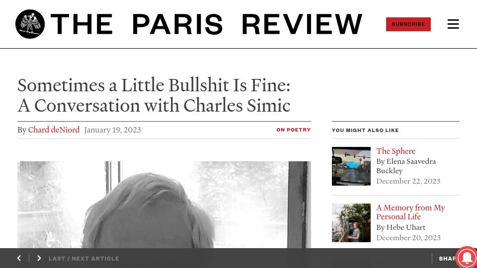 Screenshot of theparisreview.org: Sometimes a Little Bullshit Is Fine: A Conversation with Charles Simic