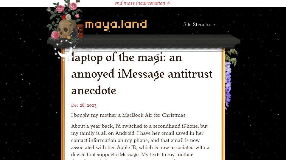 Screenshot of maya.land: Laptop of the magi: an annoyed iMessage antitrust anecdote