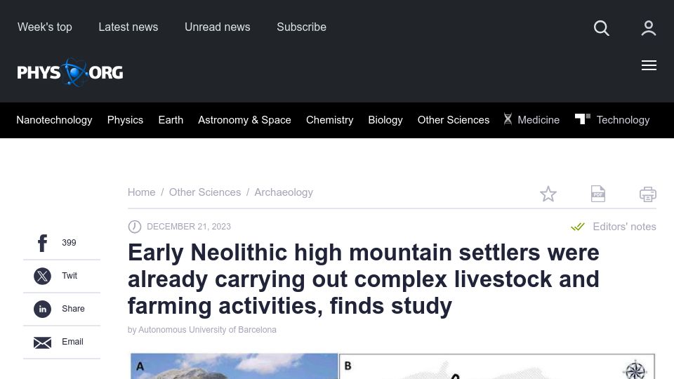 Screenshot of phys.org: Neolithic high mountain settlers were doing complex livestock/farming activities