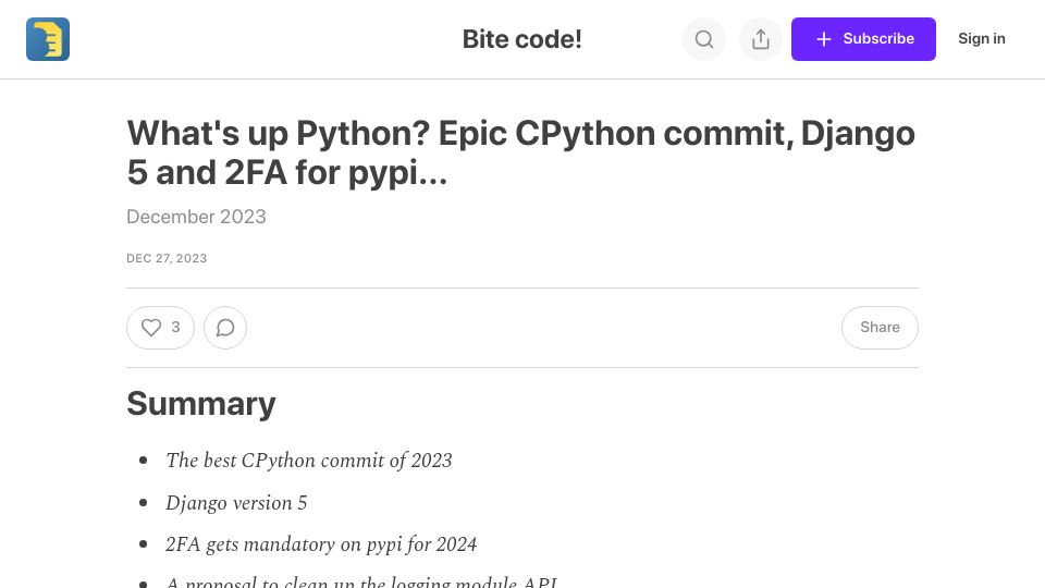 Screenshot of bitecode.dev: What's up Python? Epic CPython commit, Django 5 and 2FA for PyPI