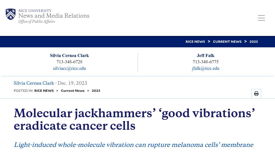 Screenshot of news.rice.edu: Light-induced whole-molecule vibration can rupture melanoma cells’ membrane