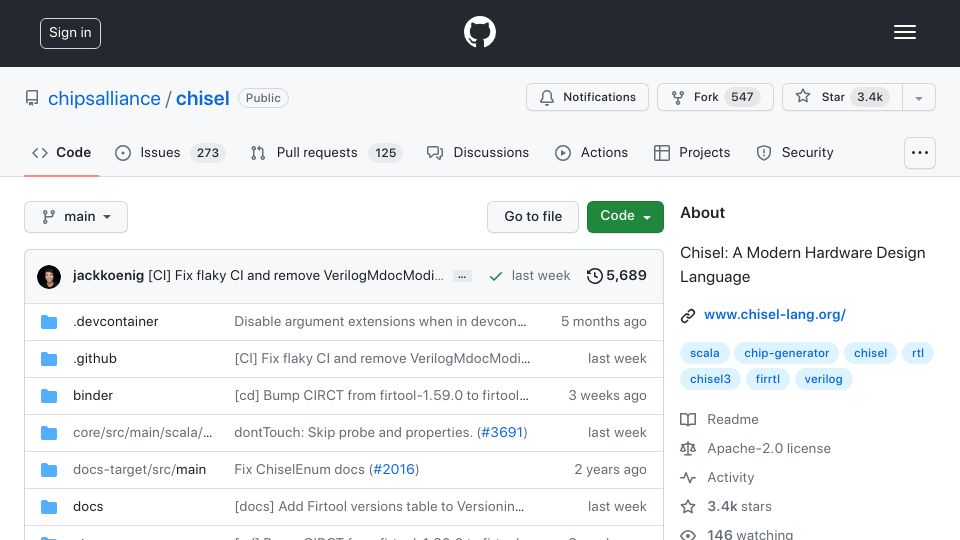 Screenshot of github.com: Chisel: A Modern Hardware Design Language
