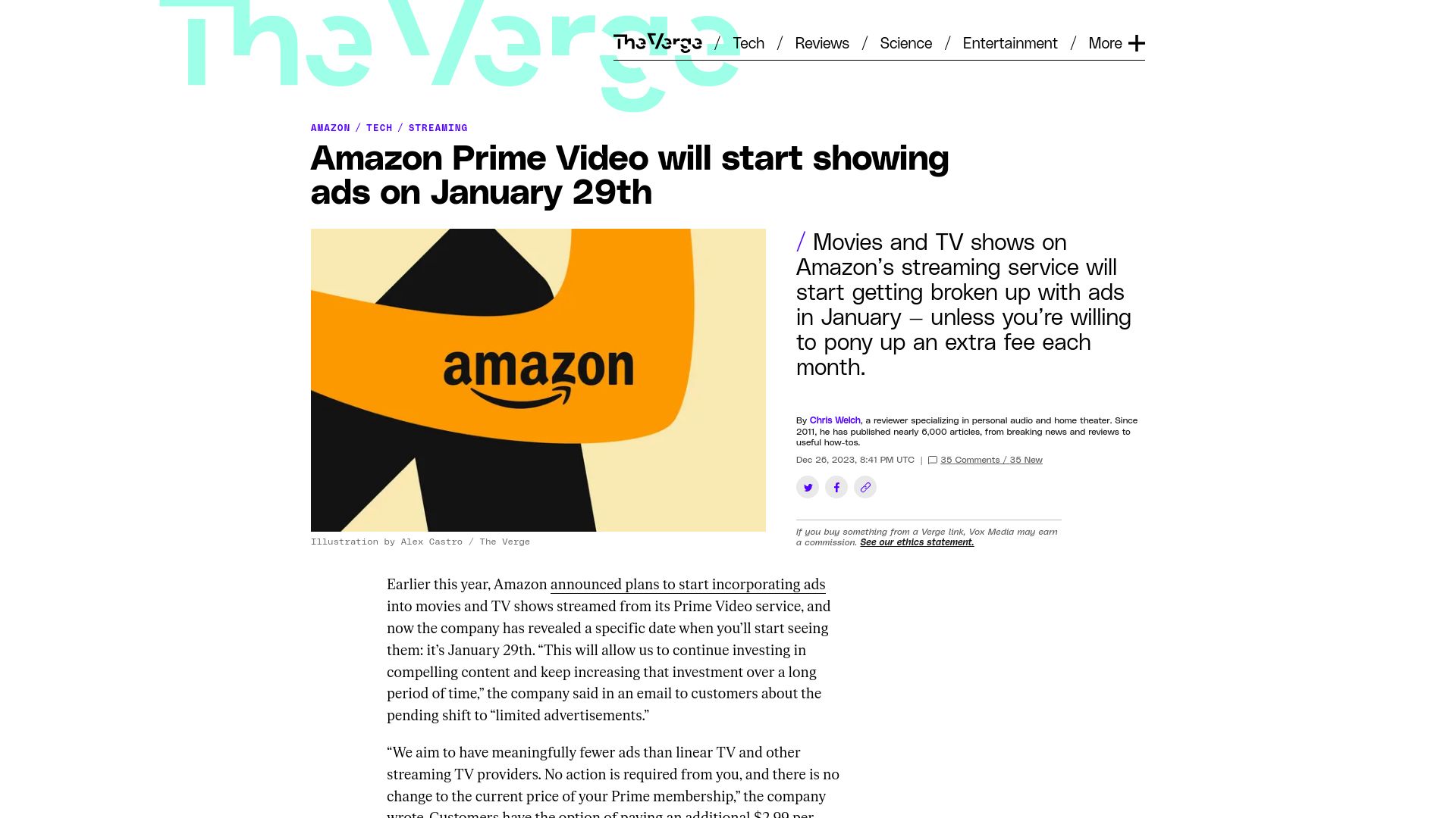 Screenshot of theverge.com: Amazon Prime Video Will Start Showing Ads on January 29