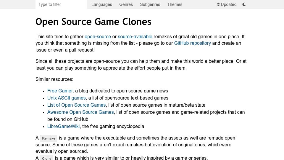 Screenshot of osgameclones.com: Open Source Game Clones