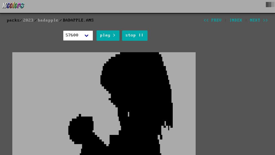 Screenshot of 16colo.rs: Bad Apple as MS-DOS Escape Sequences