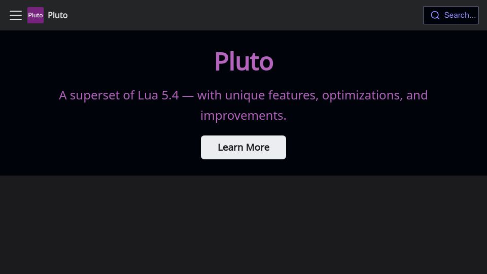 Screenshot of pluto-lang.org: Pluto, a Modern Lua Dialect