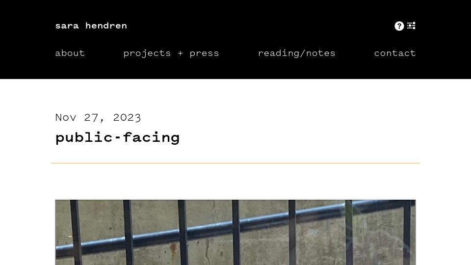 Screenshot of sarahendren.com: Public Facing Dog
