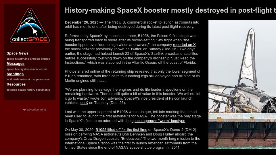 Screenshot of collectspace.com: History-making SpaceX booster mostly destroyed in post-flight topple