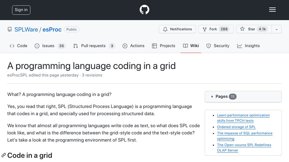 Screenshot of github.com: A programming language coding in a grid