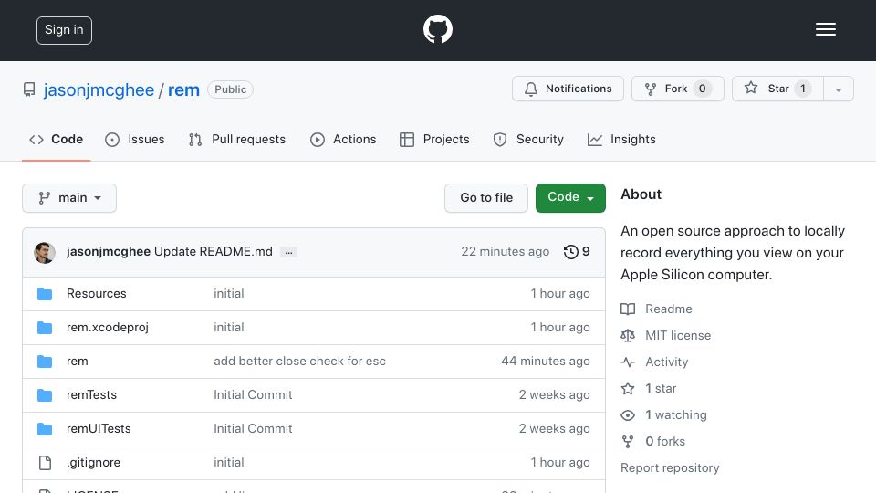 Screenshot of github.com: Show HN: Rem: Remember Everything (open source)