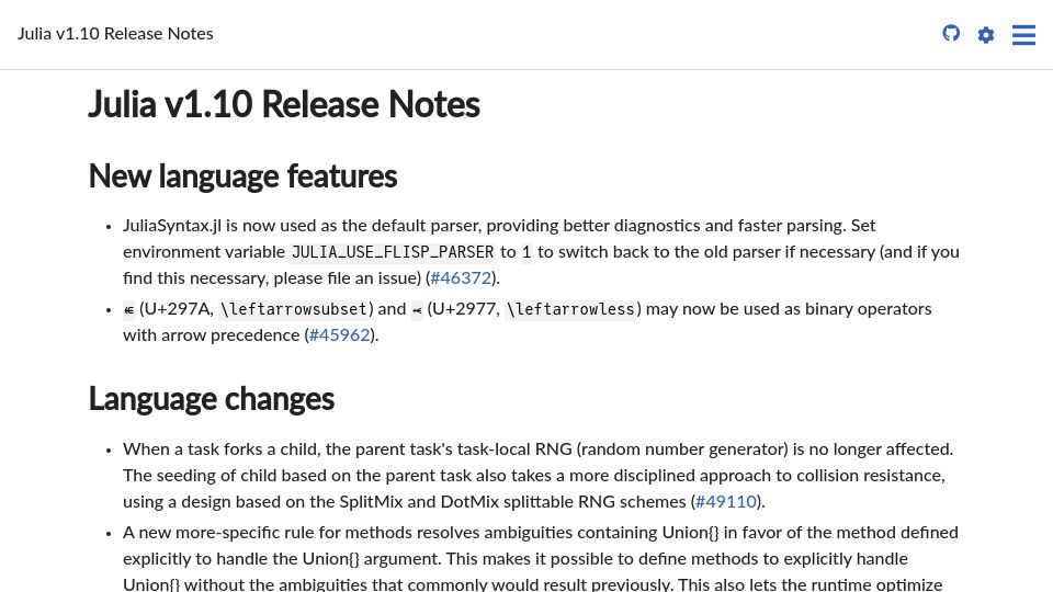 Screenshot of docs.julialang.org: Julia 1.10
