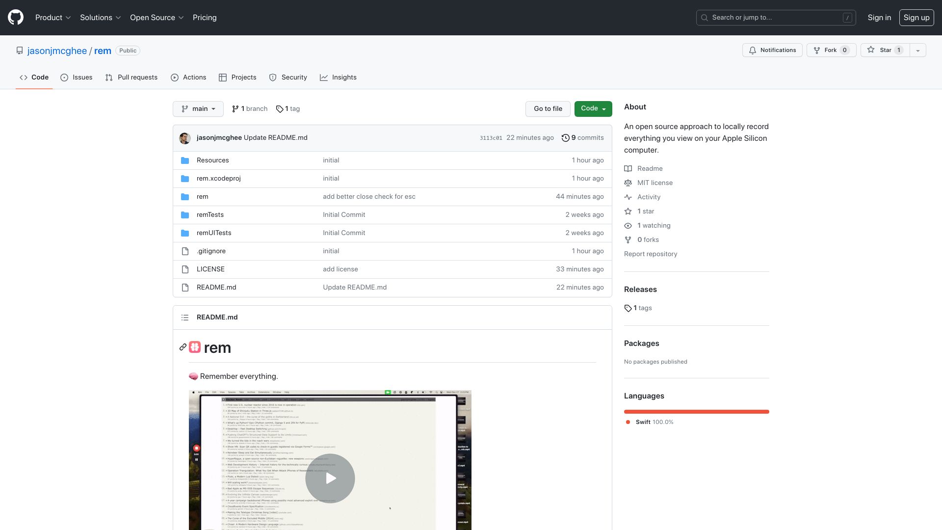 Screenshot of github.com: Show HN: Rem: Remember Everything (open source)